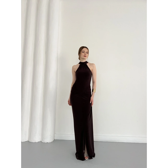 Boyundan Bağlamalı Omuz Detaylı Elbise Kahve