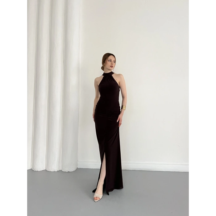 Boyundan Bağlamalı Omuz Detaylı Elbise Kahve