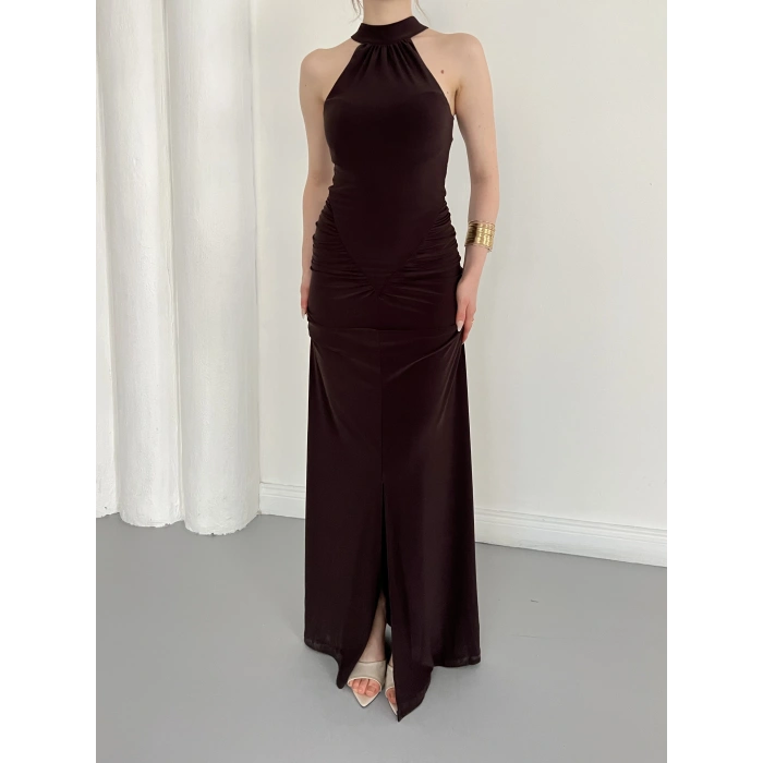 Boyundan Bağlamalı Omuz Detaylı Elbise Kahve