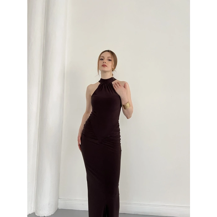 Boyundan Bağlamalı Omuz Detaylı Elbise Kahve