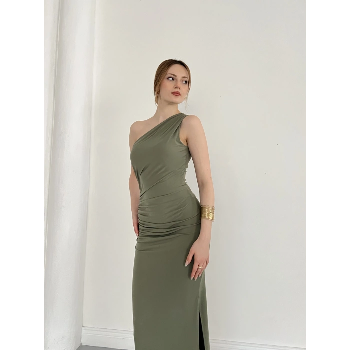 Tek Omuz Büzgü Detaylı Yırmaçlı Sandy Elbise Haki
