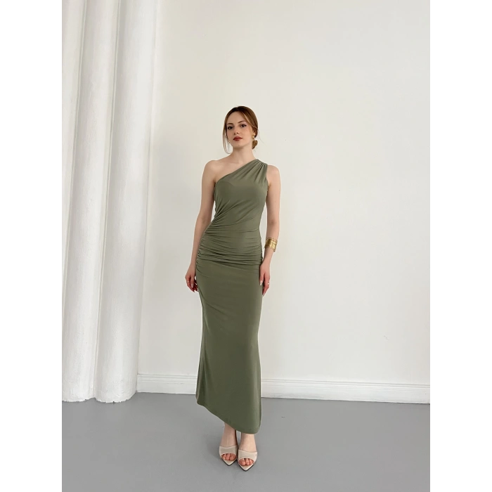 Tek Omuz Büzgü Detaylı Yırmaçlı Sandy Elbise Haki