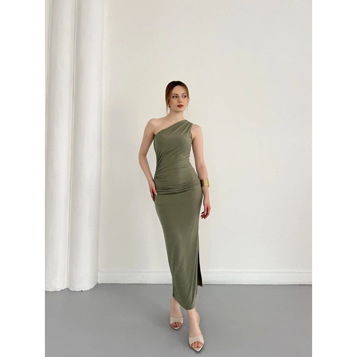 Tek Omuz Büzgü Detaylı Yırmaçlı Sandy Elbise Haki