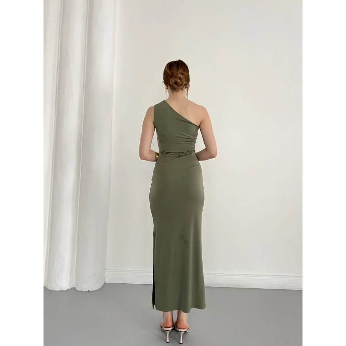 Tek Omuz Büzgü Detaylı Yırmaçlı Sandy Elbise Haki