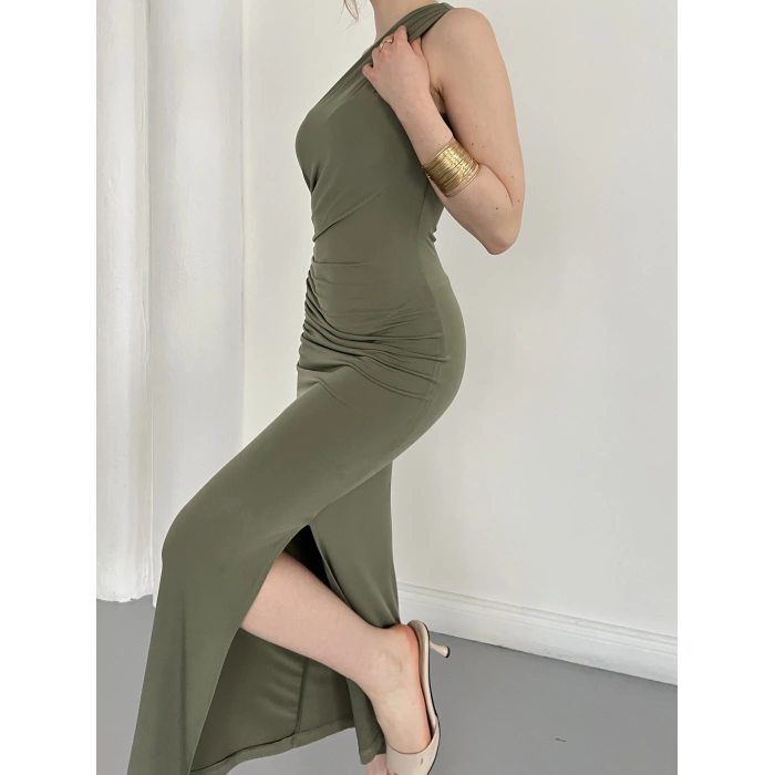 Tek Omuz Büzgü Detaylı Yırmaçlı Sandy Elbise Haki