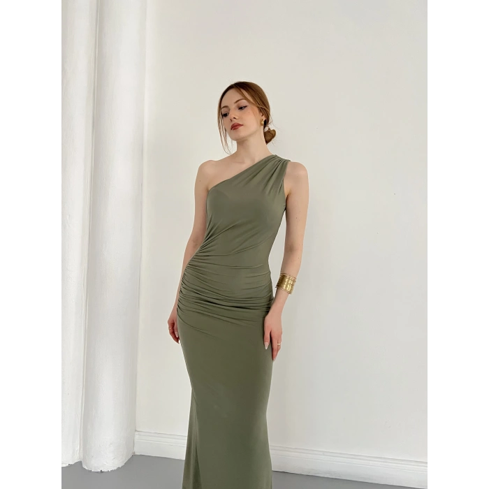 Tek Omuz Büzgü Detaylı Yırmaçlı Sandy Elbise Haki
