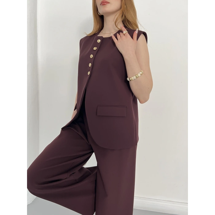 Gold Düğme Detaylı Tasarım Yelekli Takım Mürdüm