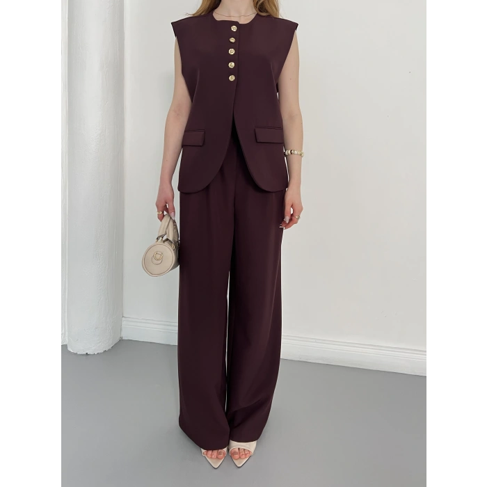 Gold Düğme Detaylı Tasarım Yelekli Takım Mürdüm