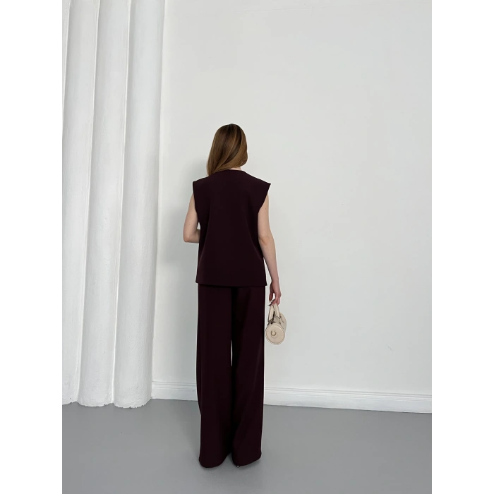 Gold Düğme Detaylı Tasarım Yelekli Takım Mürdüm