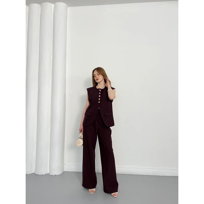 Gold Düğme Detaylı Tasarım Yelekli Takım Mürdüm