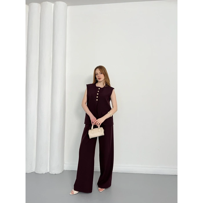 Gold Düğme Detaylı Tasarım Yelekli Takım Mürdüm