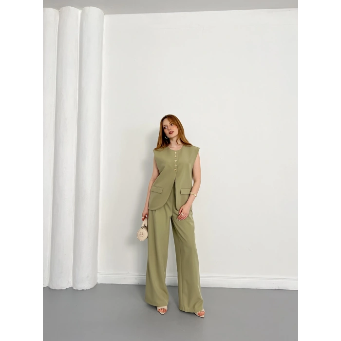 Gold Düğme Detaylı Tasarım Yelekli Takım Haki