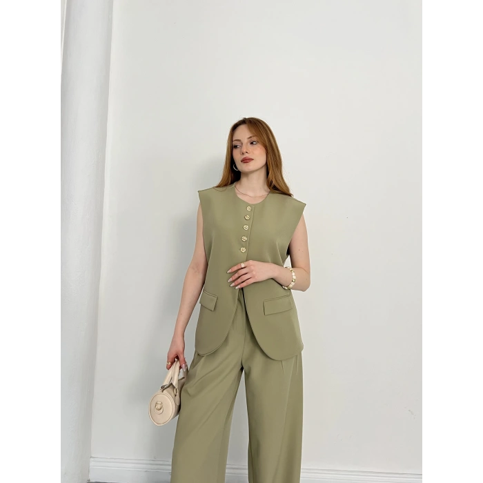 Gold Düğme Detaylı Tasarım Yelekli Takım Haki