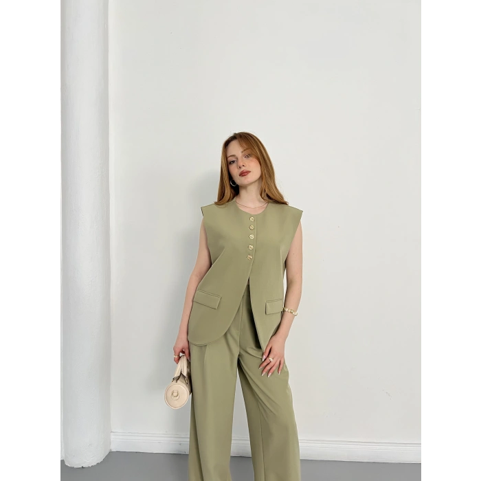 Gold Düğme Detaylı Tasarım Yelekli Takım Haki
