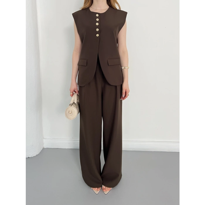 Gold Düğme Detaylı Tasarım Yelekli Takım Kahve