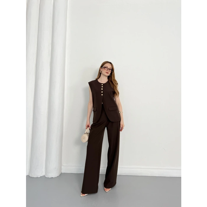 Gold Düğme Detaylı Tasarım Yelekli Takım Kahve