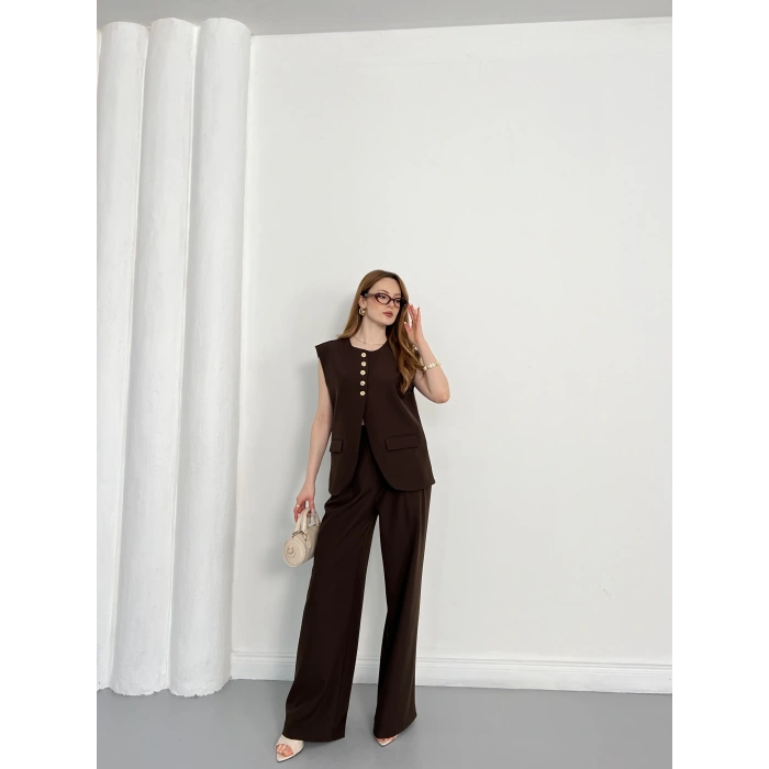 Gold Düğme Detaylı Tasarım Yelekli Takım Kahve