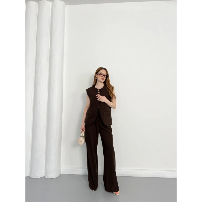 Gold Düğme Detaylı Tasarım Yelekli Takım Kahve