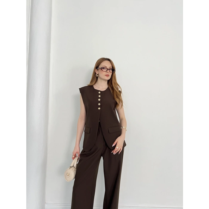 Gold Düğme Detaylı Tasarım Yelekli Takım Kahve