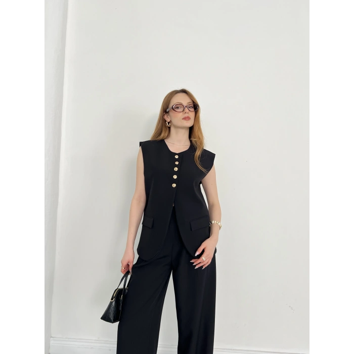Gold Düğme Detaylı Tasarım Yelekli Takım Siyah