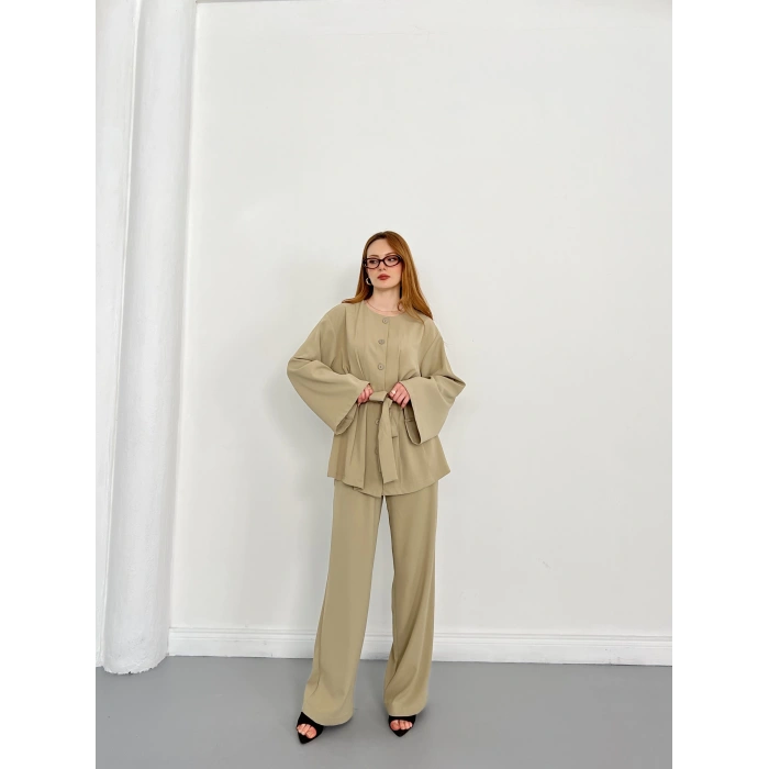 Düğme Detaylı Bel Kuşaklı İspanyol Kol Takım Haki