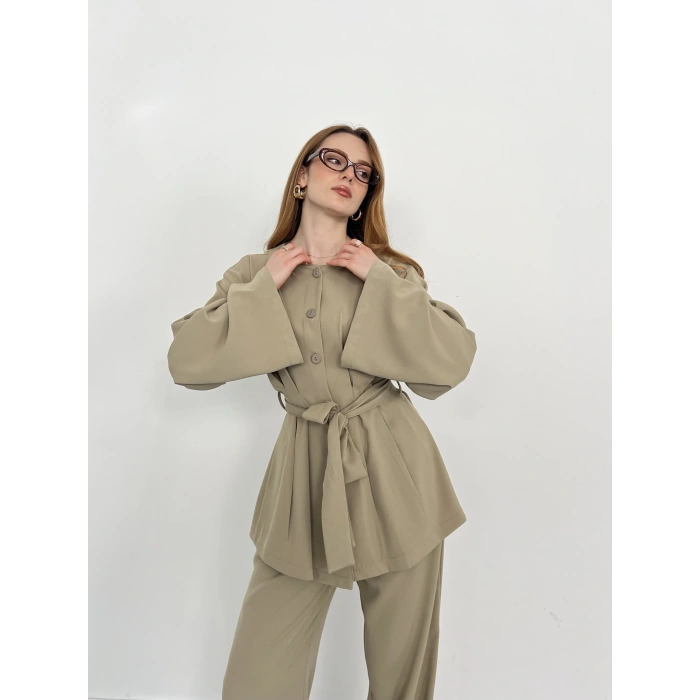 Düğme Detaylı Bel Kuşaklı İspanyol Kol Takım Haki