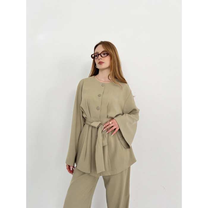 Düğme Detaylı Bel Kuşaklı İspanyol Kol Takım Haki