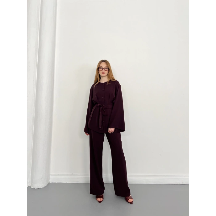 Düğme Detaylı Bel Kuşaklı İspanyol Kol Takım Mürdüm