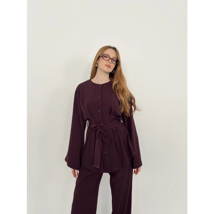 Düğme Detaylı Bel Kuşaklı İspanyol Kol Takım Mürdüm