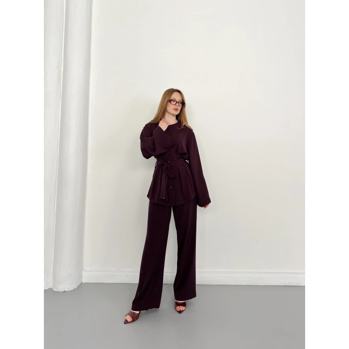 Düğme Detaylı Bel Kuşaklı İspanyol Kol Takım Mürdüm