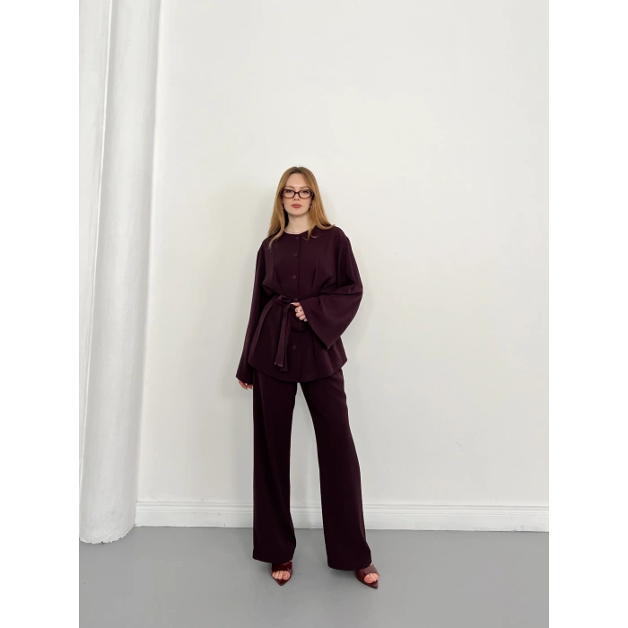 Düğme Detaylı Bel Kuşaklı İspanyol Kol Takım Mürdüm