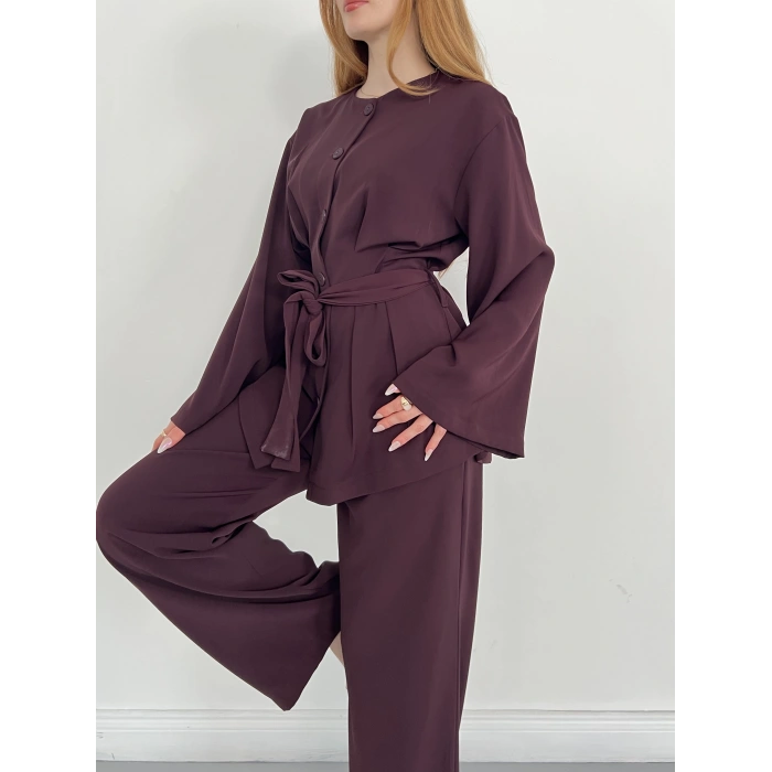 Düğme Detaylı Bel Kuşaklı İspanyol Kol Takım Mürdüm