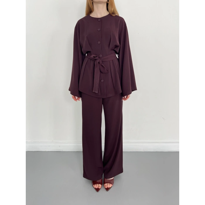 Düğme Detaylı Bel Kuşaklı İspanyol Kol Takım Mürdüm