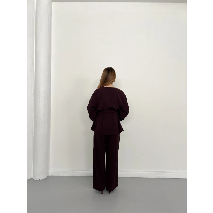 Düğme Detaylı Bel Kuşaklı İspanyol Kol Takım Mürdüm