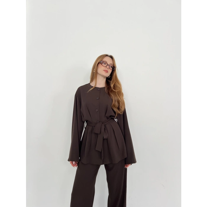 Düğme Detaylı Bel Kuşaklı İspanyol Kol Takım Acı Kahve