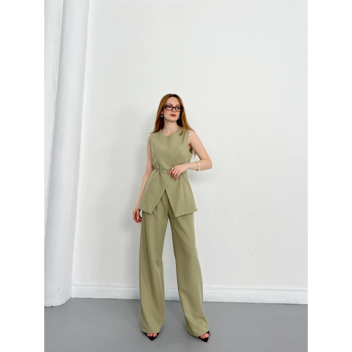 Bel Kemerli Asimetrik Kesim Yelekli Takım Haki