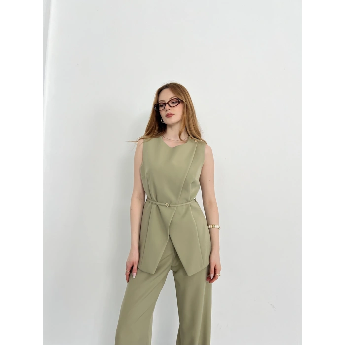 Bel Kemerli Asimetrik Kesim Yelekli Takım Haki