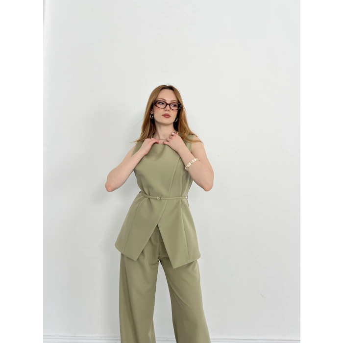 Bel Kemerli Asimetrik Kesim Yelekli Takım Haki
