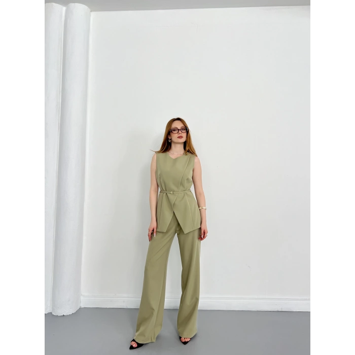Bel Kemerli Asimetrik Kesim Yelekli Takım Haki