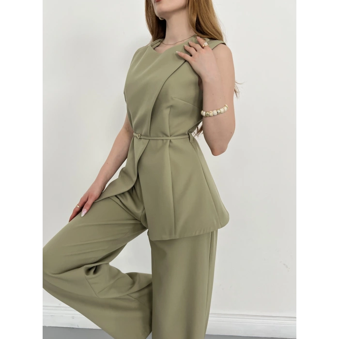 Bel Kemerli Asimetrik Kesim Yelekli Takım Haki