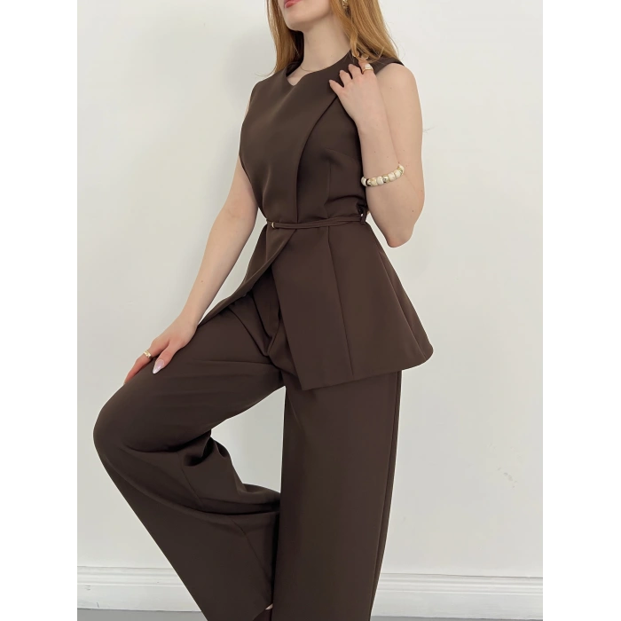 Bel Kemerli Asimetrik Kesim Yelekli Takım Kahve