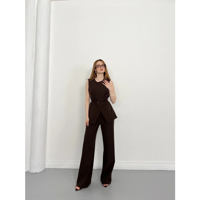 Bel Kemerli Asimetrik Kesim Yelekli Takım Kahve