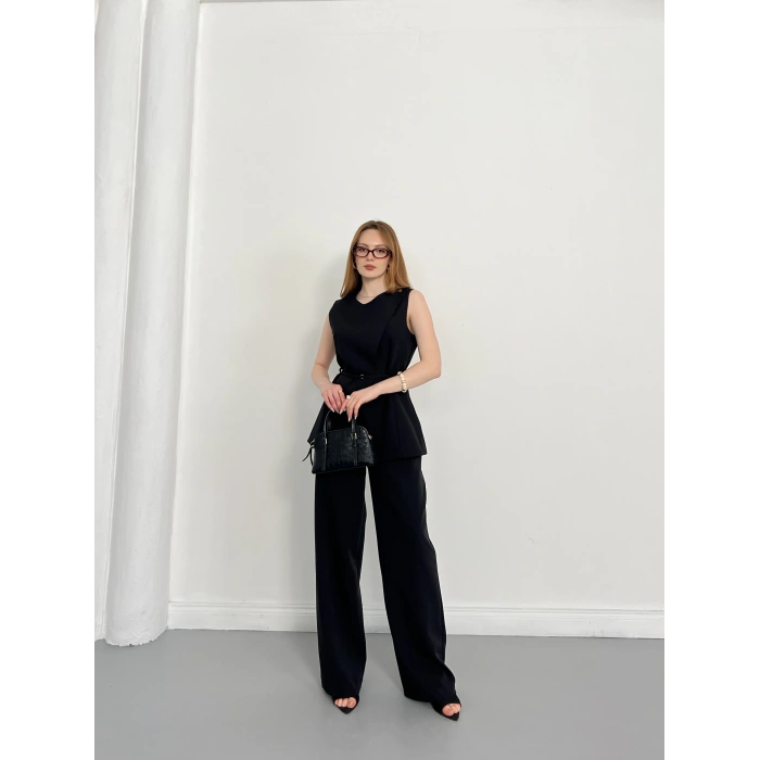 Bel Kemerli Asimetrik Kesim Yelekli Takım Siyah