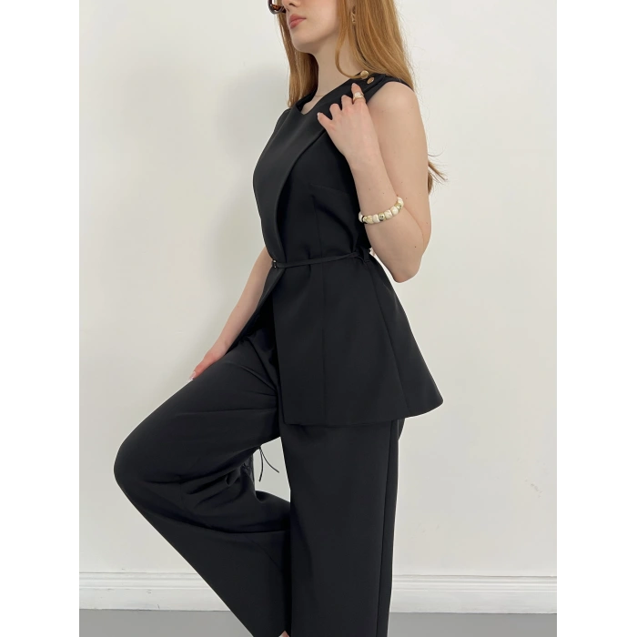 Bel Kemerli Asimetrik Kesim Yelekli Takım Siyah