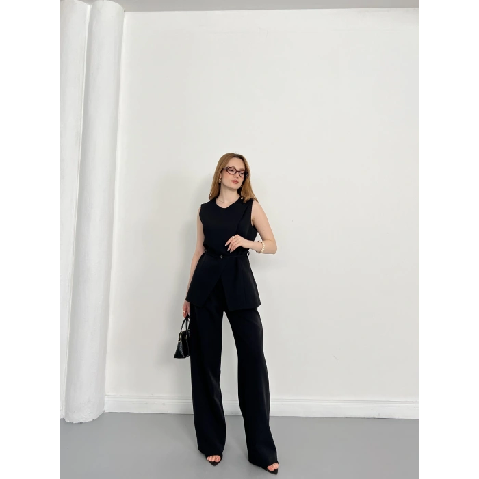 Bel Kemerli Asimetrik Kesim Yelekli Takım Siyah