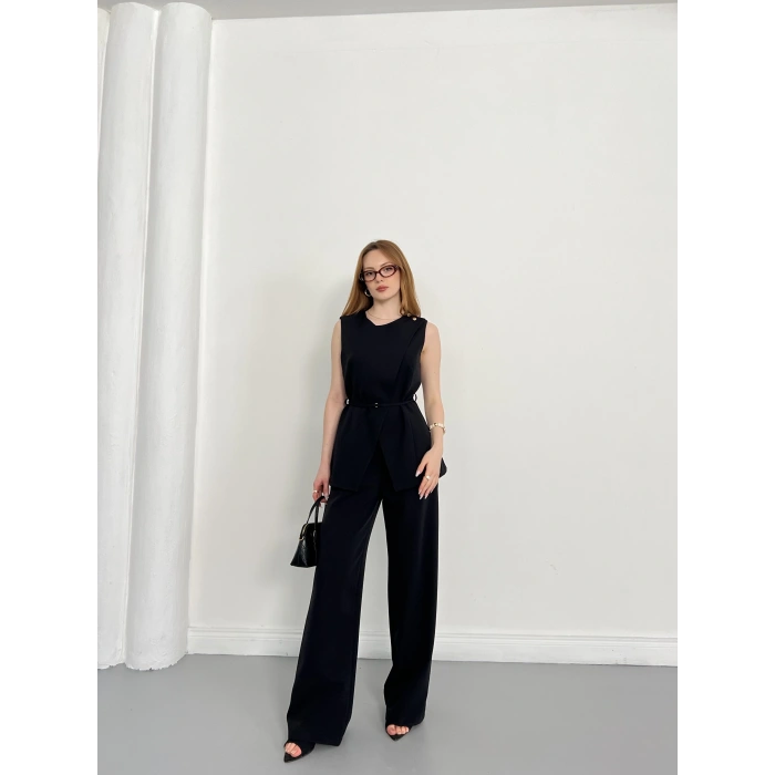 Bel Kemerli Asimetrik Kesim Yelekli Takım Siyah