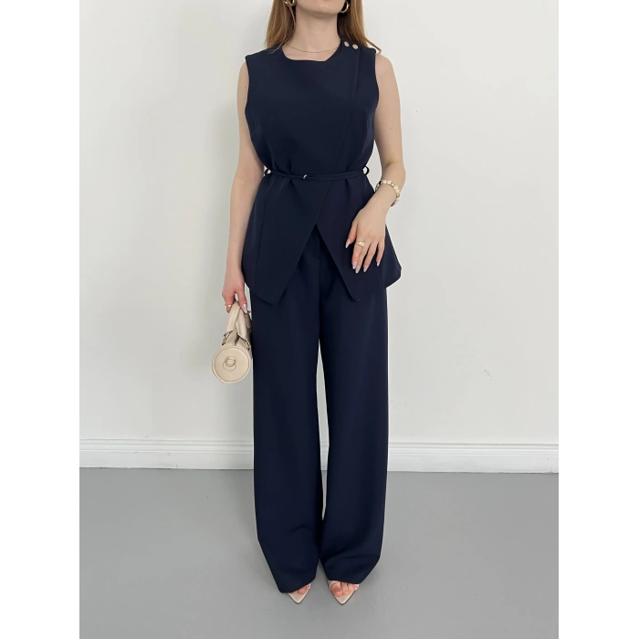 Bel Kemerli Asimetrik Kesim Yelekli Takım Lacivert