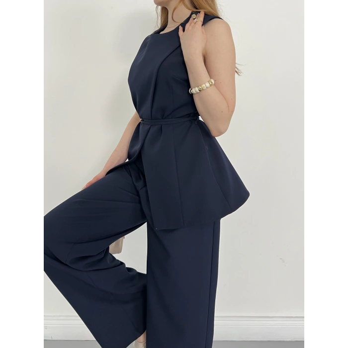 Bel Kemerli Asimetrik Kesim Yelekli Takım Lacivert