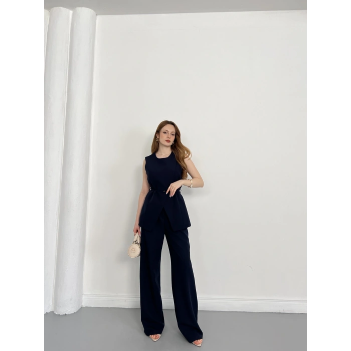 Bel Kemerli Asimetrik Kesim Yelekli Takım Lacivert