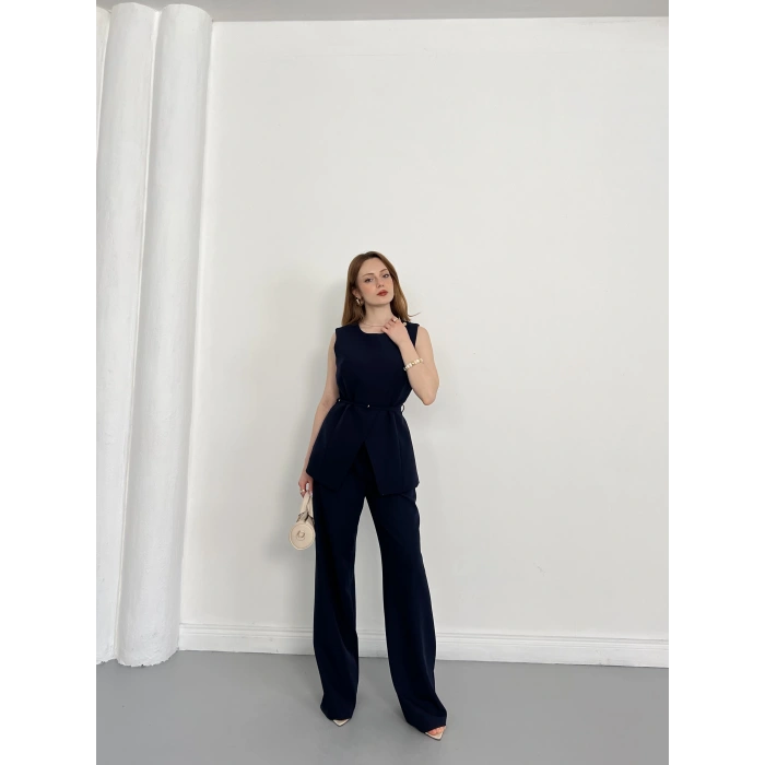 Bel Kemerli Asimetrik Kesim Yelekli Takım Lacivert